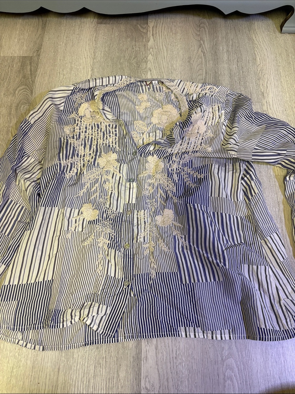 Johnny Was Navy & White Striped Embroidered Button-Down Shirt